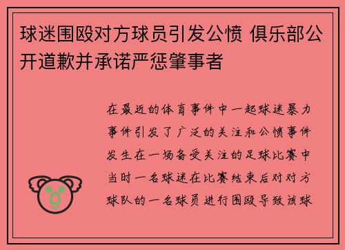 球迷围殴对方球员引发公愤 俱乐部公开道歉并承诺严惩肇事者