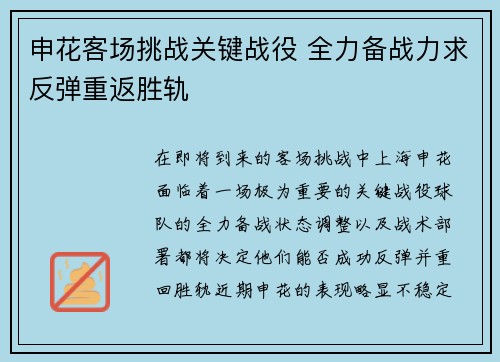 申花客场挑战关键战役 全力备战力求反弹重返胜轨