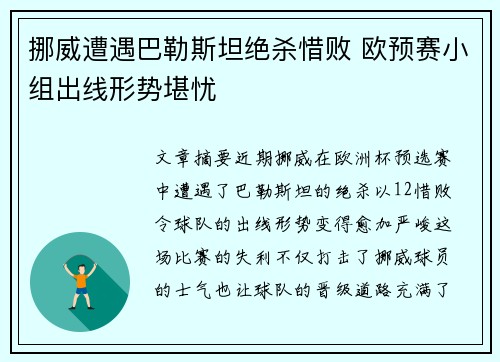 挪威遭遇巴勒斯坦绝杀惜败 欧预赛小组出线形势堪忧